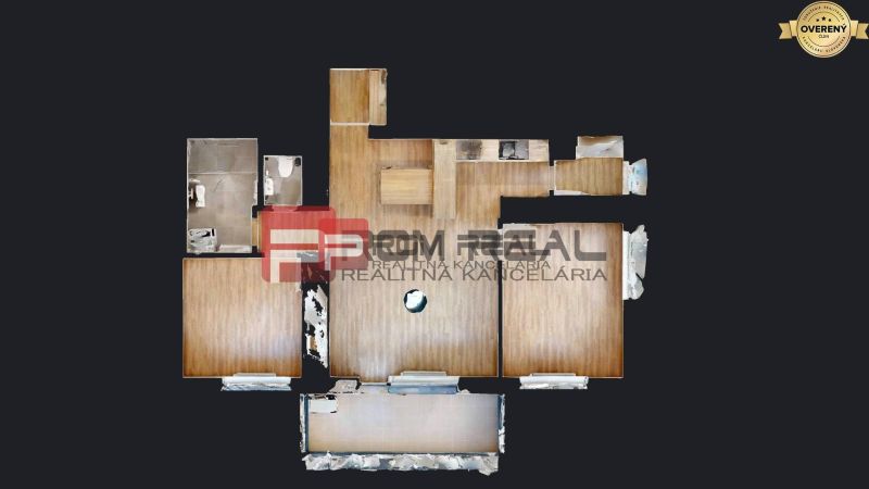 Floor plan of a 3-room apartment with wood-patterned flooring and a bathroom.
