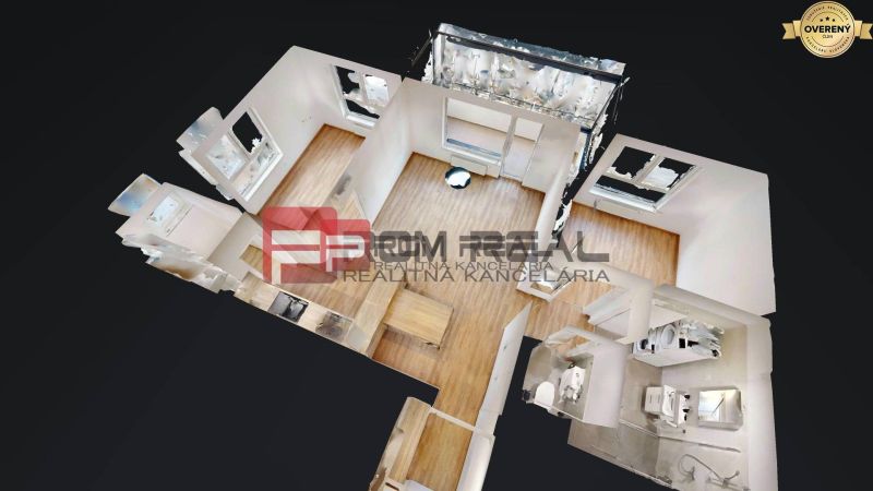 3D floor plan of a 3-room apartment with a wooden decor floor and an equipped kitchen.