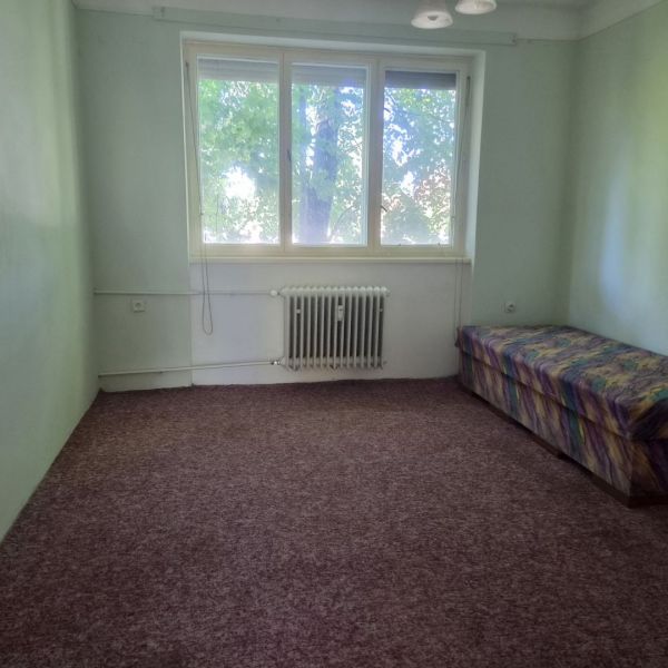 A room with a large window, radiator, carpeted floor, and a sofa in a 3-room apartment.