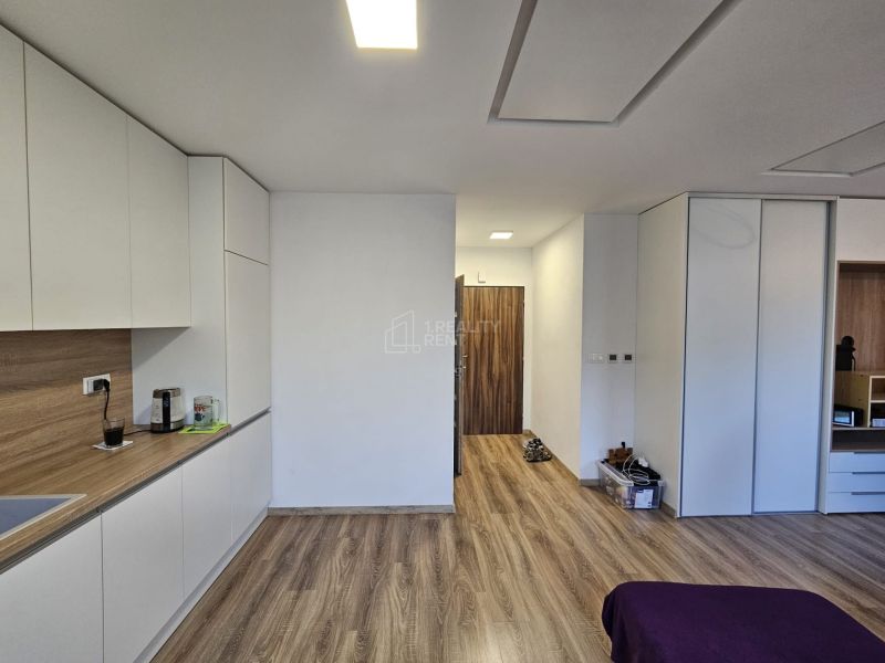 A kitchen in a studio apartment with white cabinets and a wood-patterned floor.