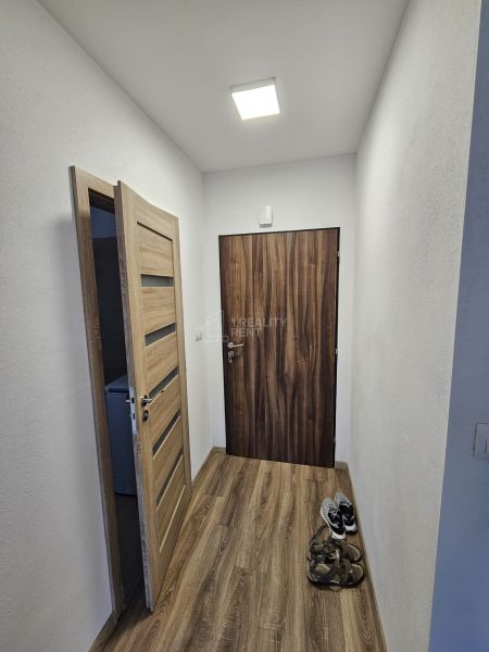 The hallway with a wooden decor floor in the one-room apartment has simple white walls.