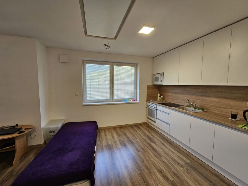 A one-bedroom apartment with a built-in kitchen and a floor with a wooden decor.