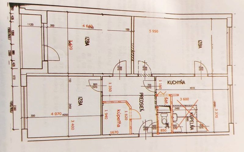 Floor plan of a 3-room apartment with a hallway, kitchen, and bathroom.