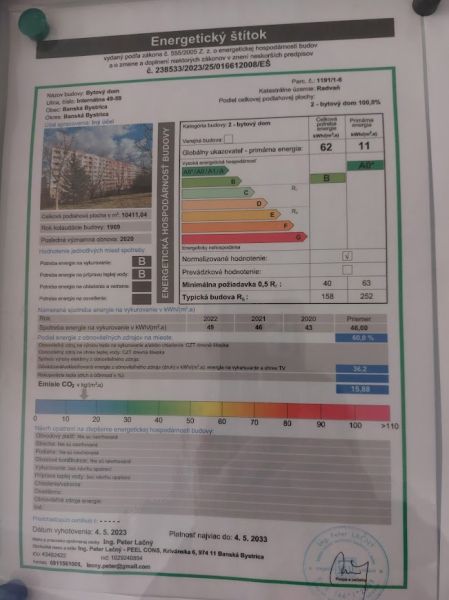 Energy certificate for an apartment building in Banská Bystrica, category B.