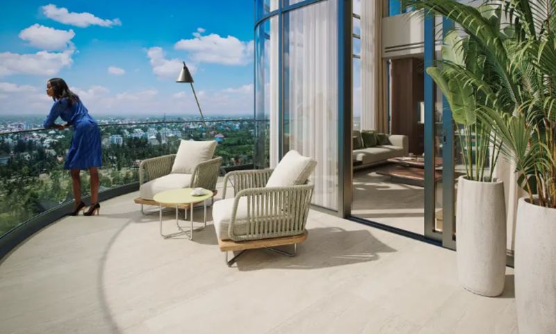 Elegant balcony with a view from a 1-bedroom apartment in Paje, with rattan furniture.