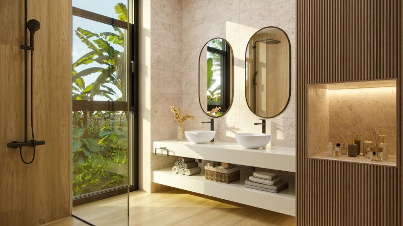 Bathroom with two sinks, mirrors, and a garden view, floor with wooden decor.