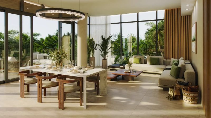 Bright 1-bedroom apartment with a spacious dining area and large windows leading to the terrace.