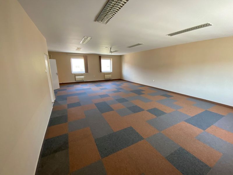 Interior of commercial premises with carpet flooring and two windows.