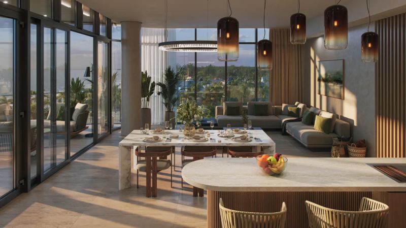 Luxury interior of a 1-bedroom apartment with a spacious living area, dining table, and large windows.