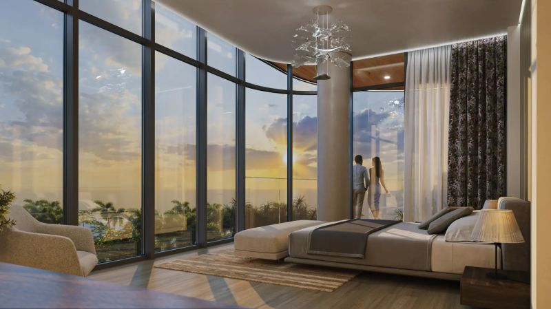 A stylish bedroom in a studio apartment with large windows and a wooden decor floor.