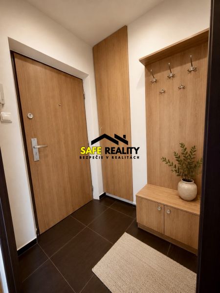 A hallway of a studio apartment with wooden decor, a built-in wardrobe, and a practical coat rack.