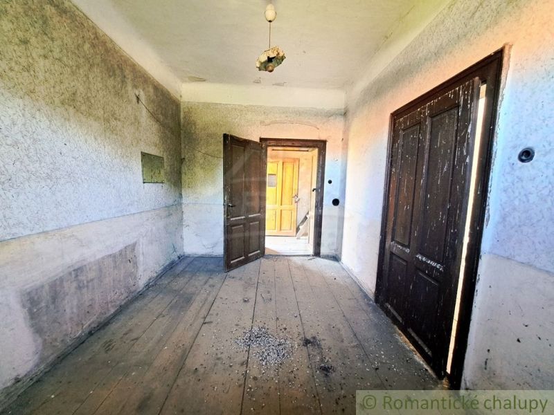 A hallway in a family house with a wooden floor and open doors.