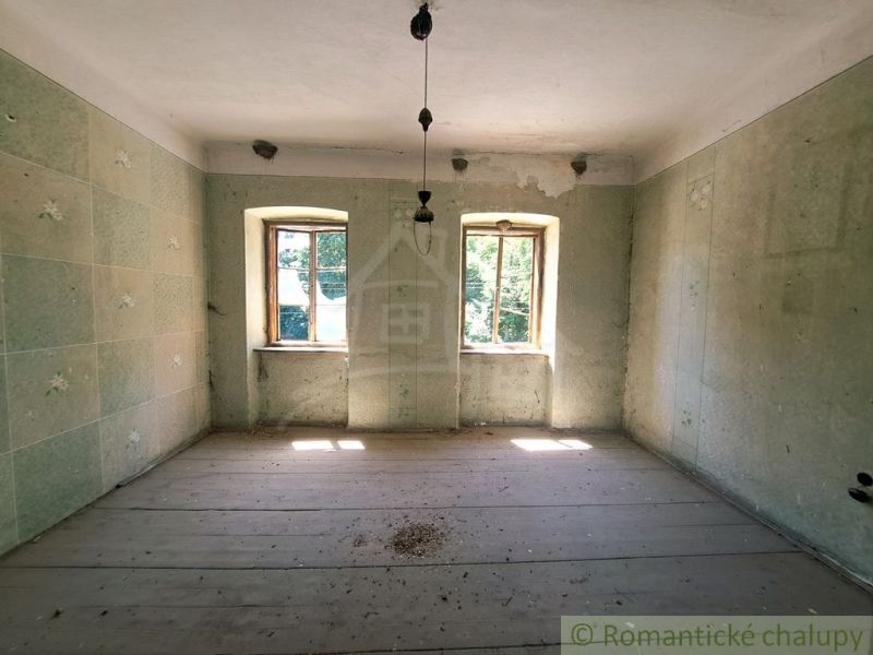 An older room in a family house with a wood-patterned floor and green walls.