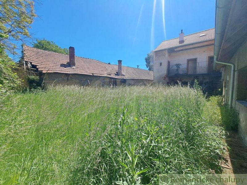 Overgrown yard between the buildings of a family house in Klátova Nová Ves.