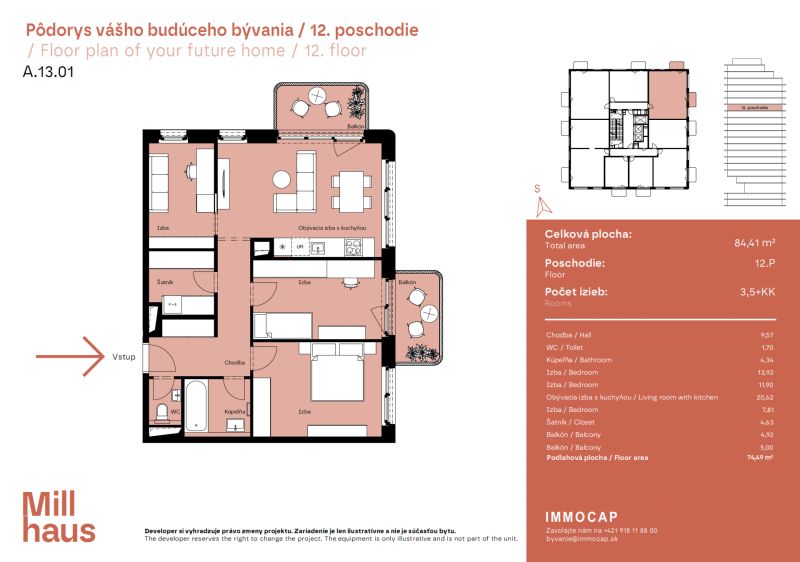 Floor plan of a 4-room apartment with a living room and kitchen, two rooms, and balconies.