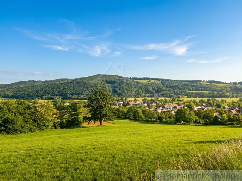 A landscape with meadows and the village of Ozdín, trees and hills in the background.