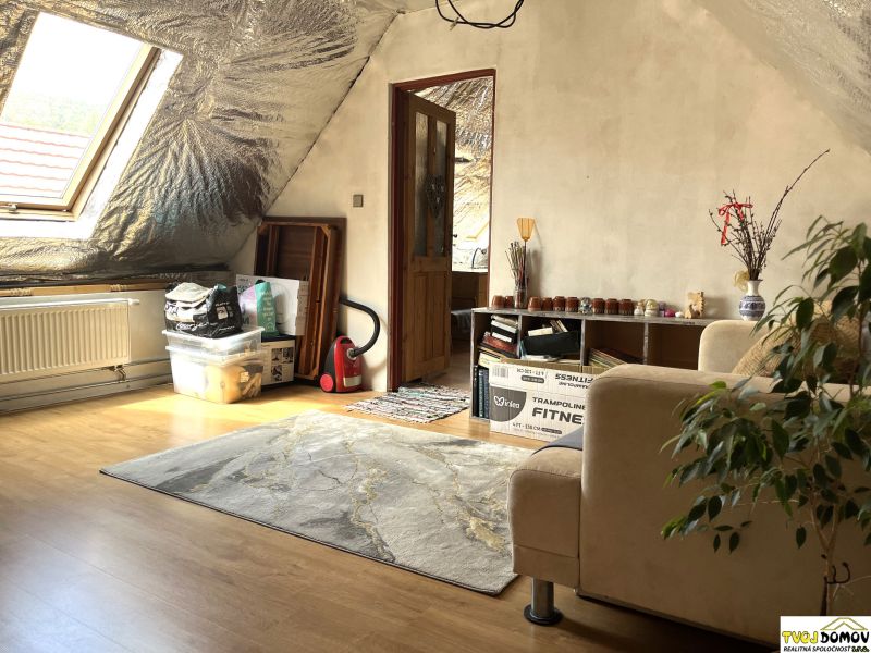The interior of a family house with a wooden decor floor and a skylight.