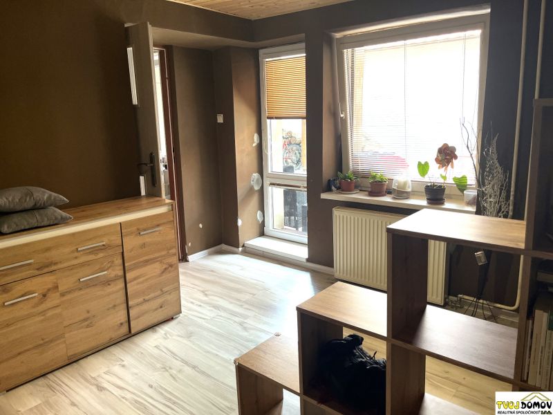 Living room in a family house with a wooden decor floor and plants on the windowsill.