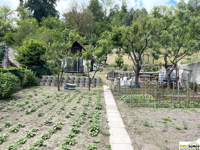 A garden at a family house in Bartošova Lehôtka with rows of planted plants and trees.