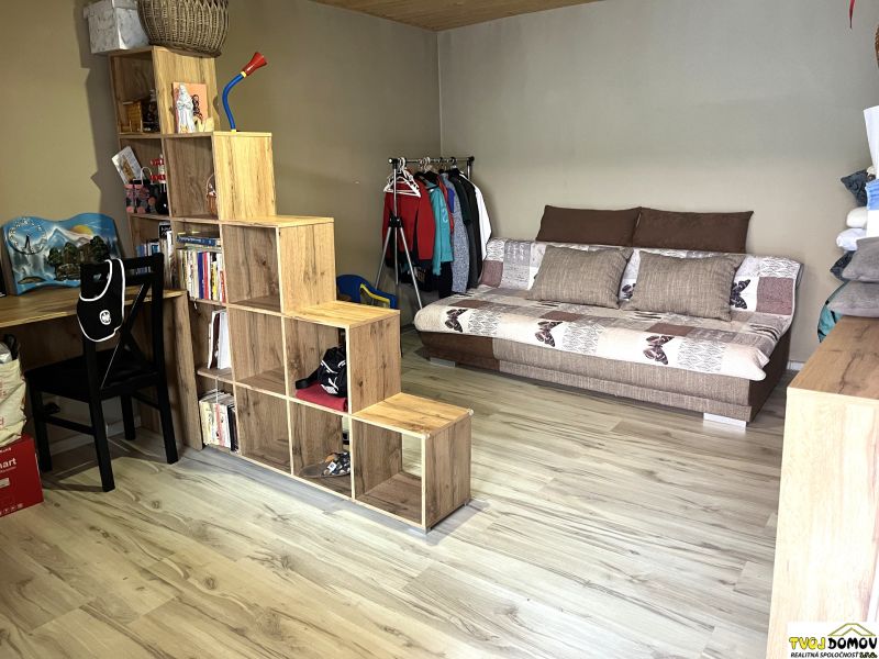 Interior of a family house with a sofa, bookshelf, and wooden decor flooring.