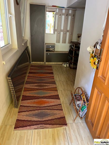 A hallway in a family house with a wooden decor floor and a colorful carpet.