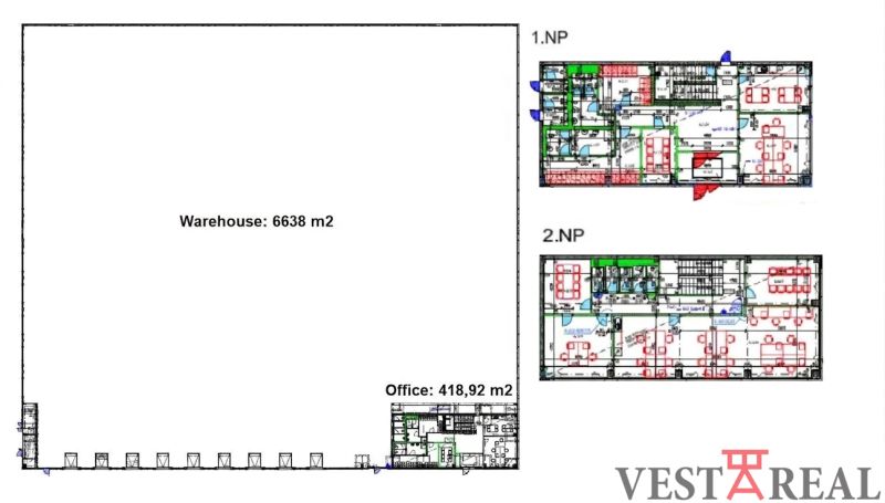 Floor plan of warehouses and halls with offices, dimensions of the hall 6638 m², offices 418.92 m².