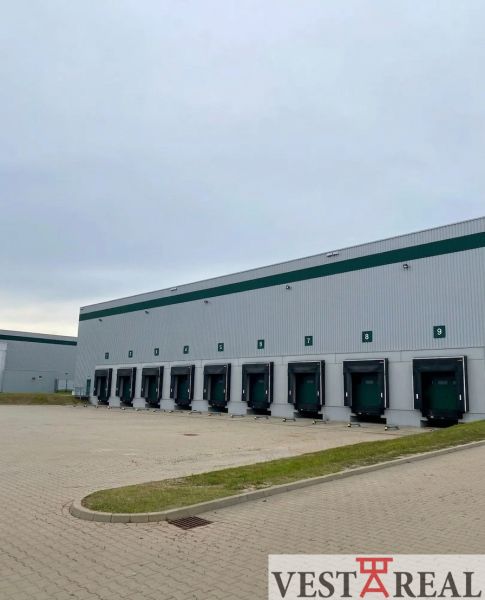 Warehouses and halls in Galanta with loading ramps and paved area.
