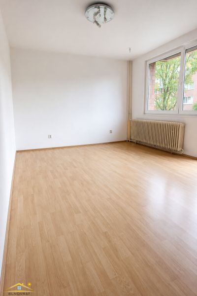 A spacious room in a 3-room apartment with a wood-decor floor and a large window.