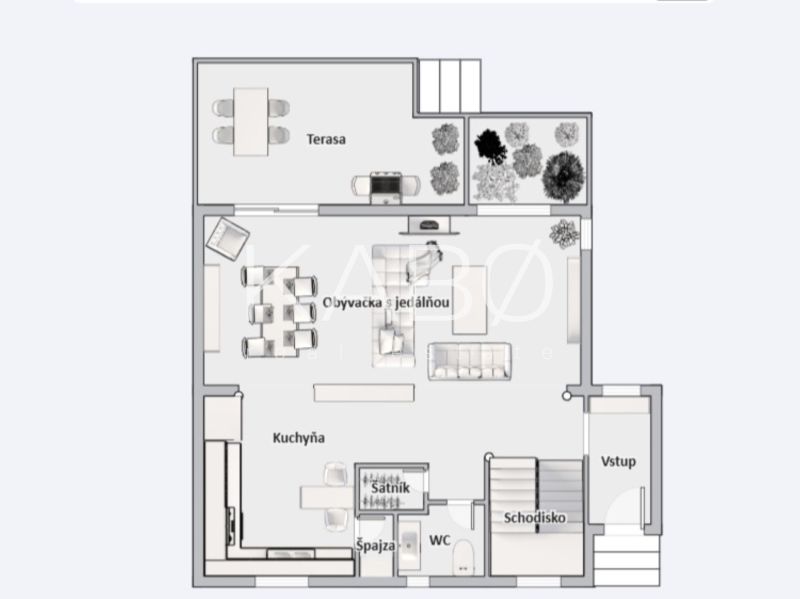 Floor plan of a family house with a terrace, living room, kitchen, pantry, and entrance.
