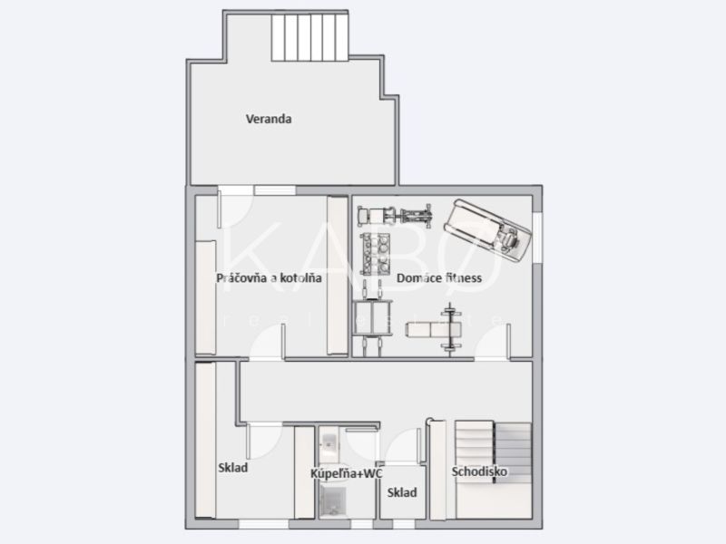 Floor plan of a family house with a home gym, laundry room, and storage rooms.