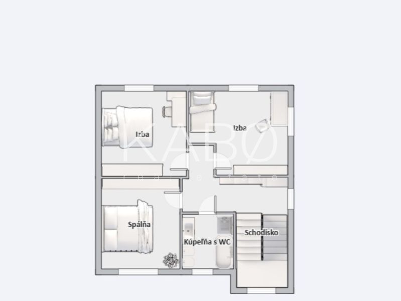 Floor plan of a family house with a bedroom, two rooms, a bathroom, and a staircase.