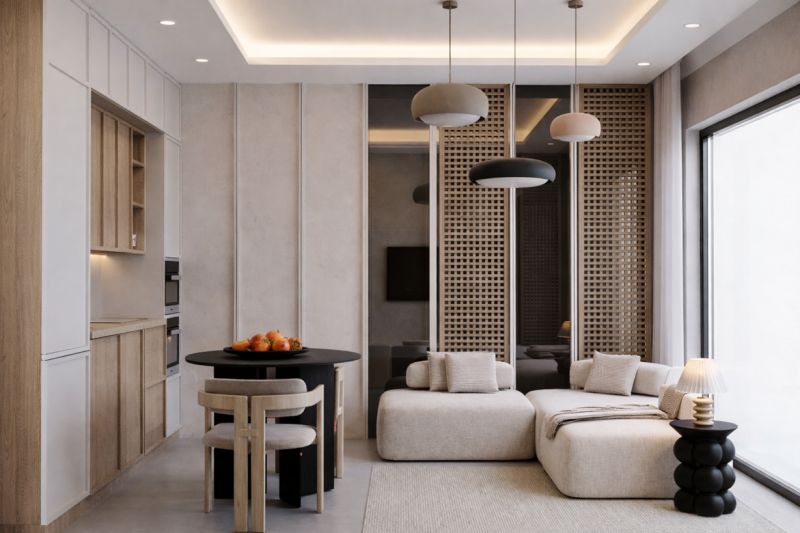 Interior of a 1-room apartment with a bright living area, kitchen, and interesting lighting fixtures.