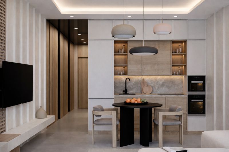A kitchen in a studio apartment with wooden decor, modern lighting, and a dining table.