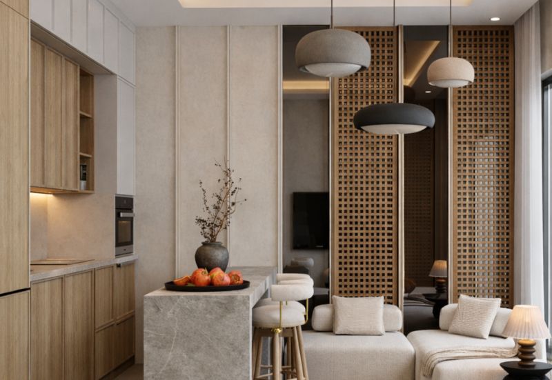 Interior of a 1-room apartment with a kitchen, light shades, and decorations.