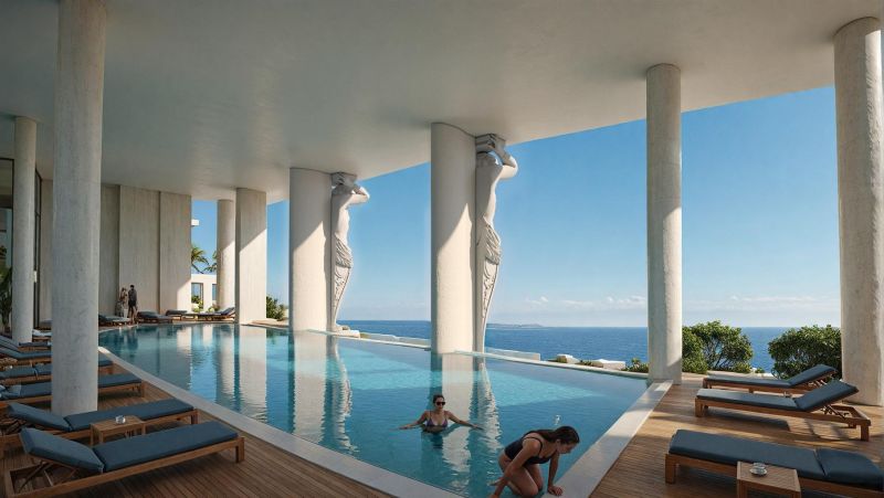 Luxury pool in Paje with ocean view and modern sculptures.