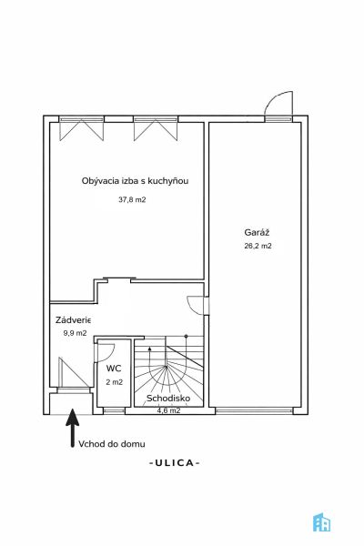 Ground floor plan of a family house with an entrance hall, garage, and living space.