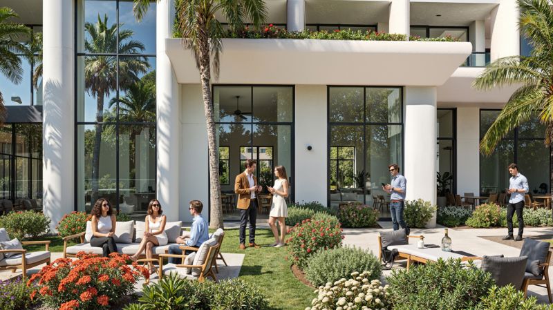 A group of people is relaxing in a landscaped garden in front of a 2-bedroom apartment in Paje.