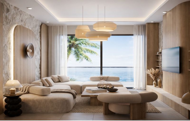 Living room in a two-room apartment with a view of the ocean and a palm tree, floor with wood decor.