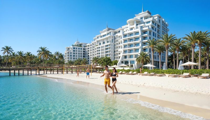 The beach in Paje with white sand, palm trees, and luxury apartments in the background.