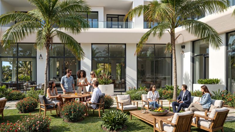 People in the garden in Paje near a 2-room apartment surrounded by palm trees and flowers.