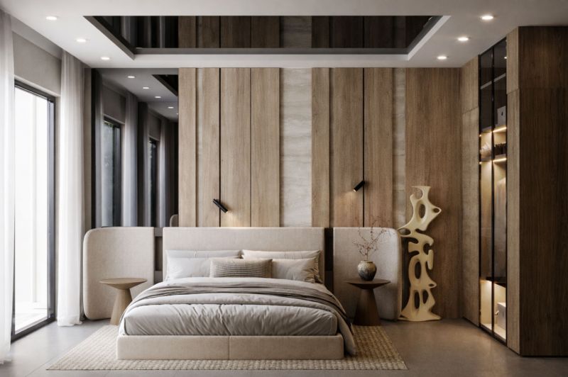 A bedroom in a two-room apartment with wooden decor, modern furniture, and large windows.
