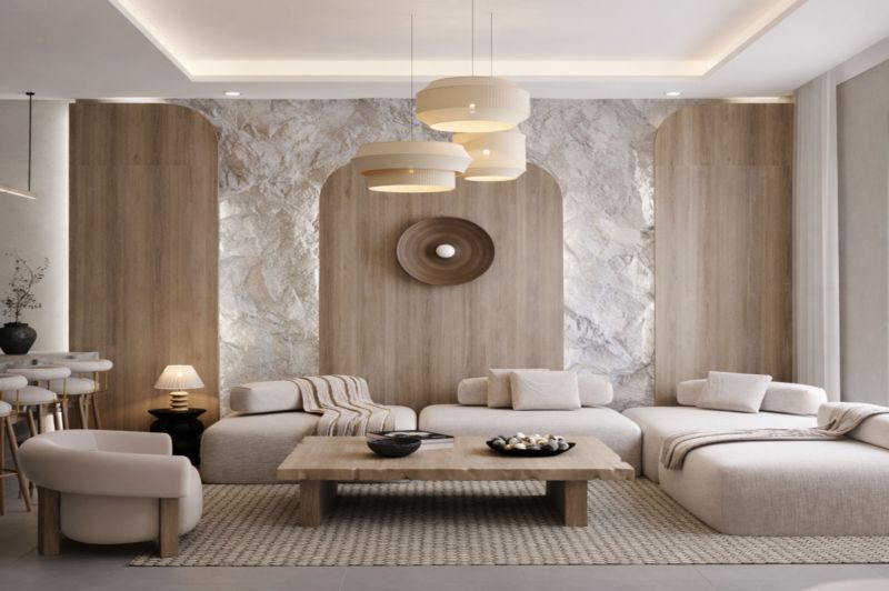 Living room with a sofa, an armchair, and a wooden decor floor in a 2-room apartment.
