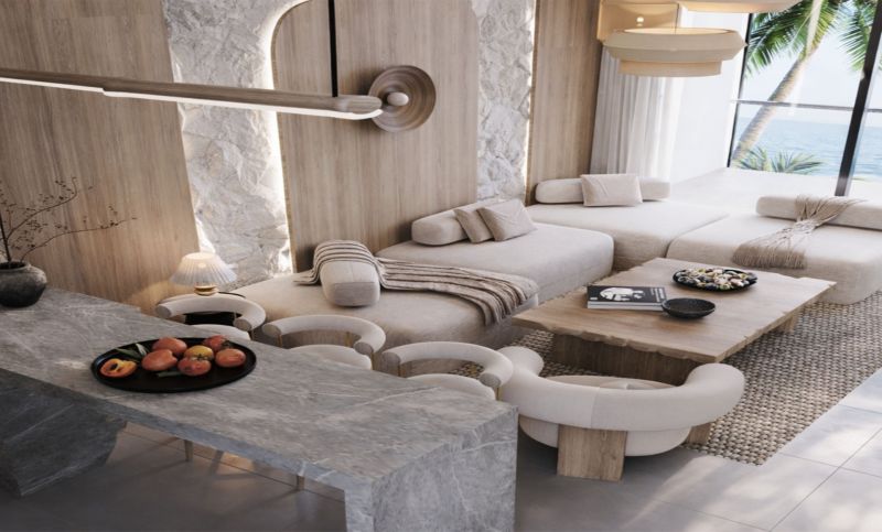 Interior of a 2-room apartment with a wooden decor floor and a sea view.