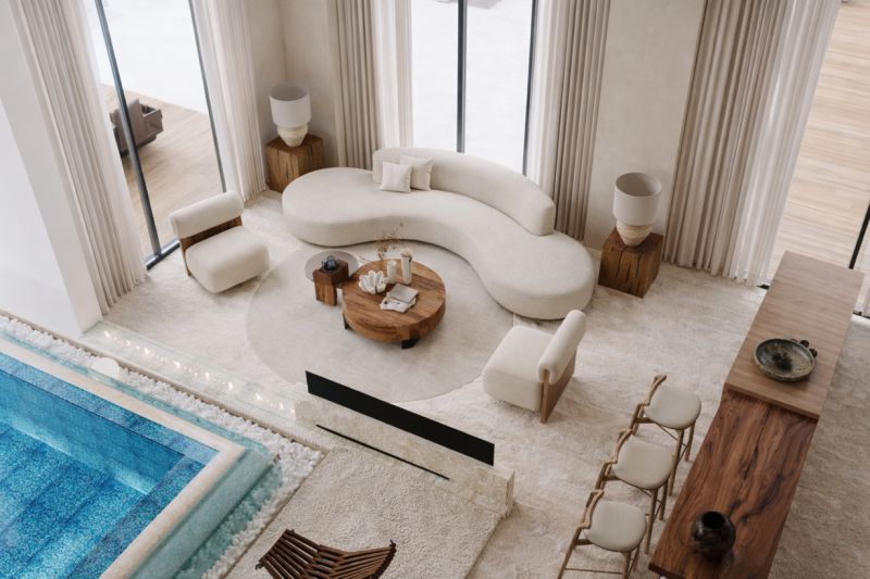 A bright living space in a 4-room apartment with curtains and a pool.