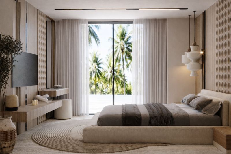 A bedroom in a 4-room apartment with a view of palm trees and a wooden decor floor.