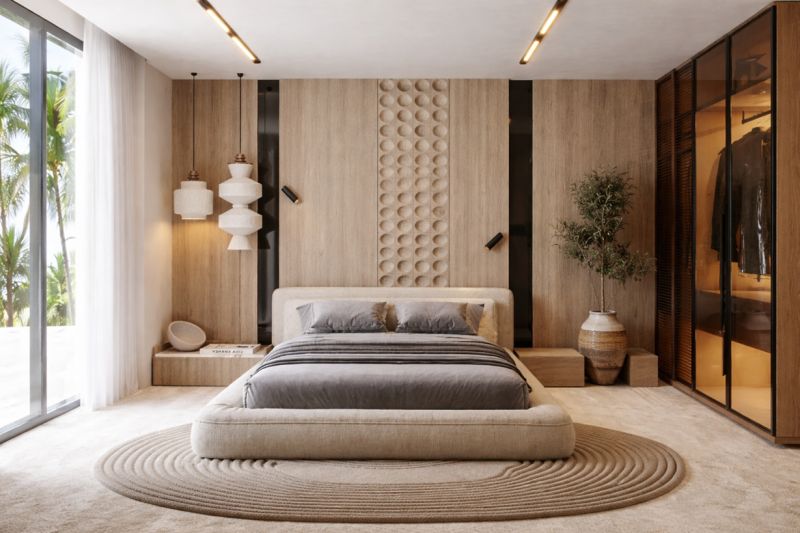 A bedroom with stylish decor, a comfortable bed, and a plant in a 4-room apartment.