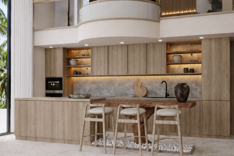 A kitchen in a 4-room apartment with a wooden decor, a bar counter, and decorative elements.