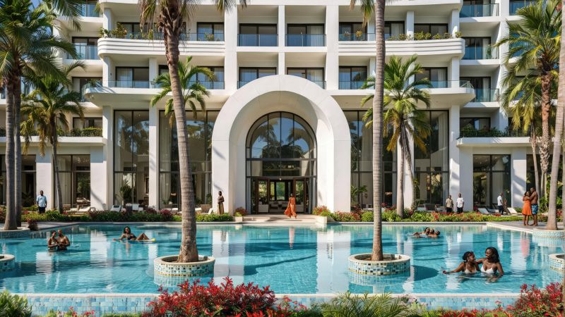A pool at a luxury hotel with palm trees in Paje.