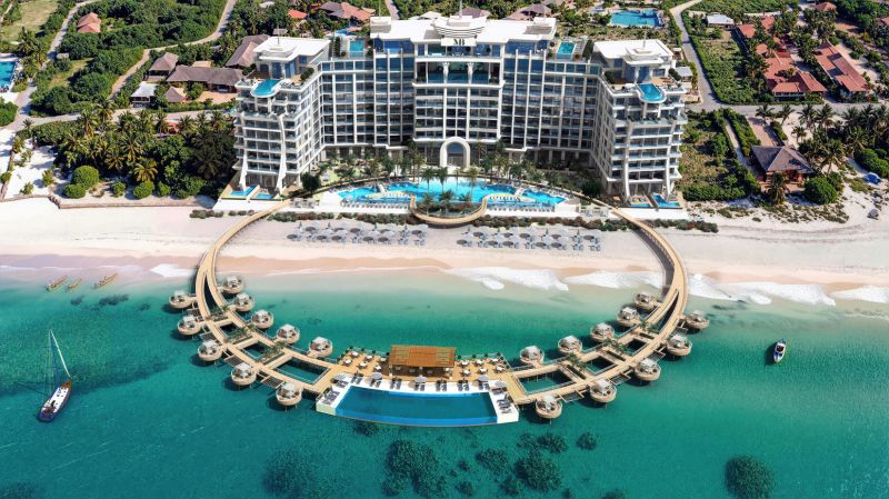 A luxury resort in Paje with unique architecture and private beach pavilions.