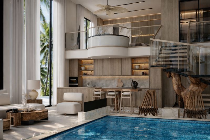 Luxury 4-room apartment with a pool, wooden decor, and modern interior.